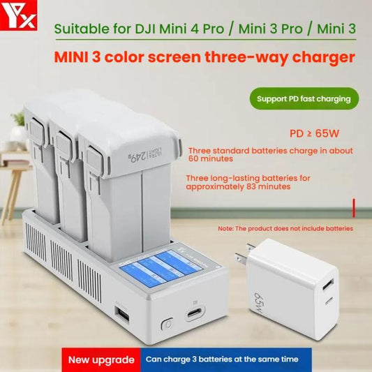 Batería de 3 Cargador de vías con pantalla a color y enchufe europeo de 65 W para DJI Mini 4 Pro / Mini 3 Pro para DJI DJI M…