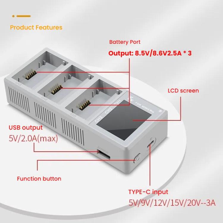 Batería de 3 Cargador de vías con pantalla a color y enchufe estadounidense de 65 W para DJI Mini 4 Pro / Mini 3 Pro para DJ…
