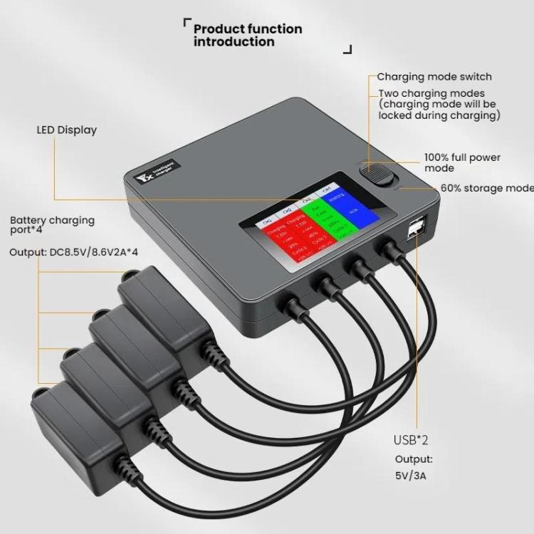 Batería de cuatro Cargador de vías con pantalla digital a color y enchufe estadounidense para DJI Mini 4 Pro / Mini 3 Pro pa…