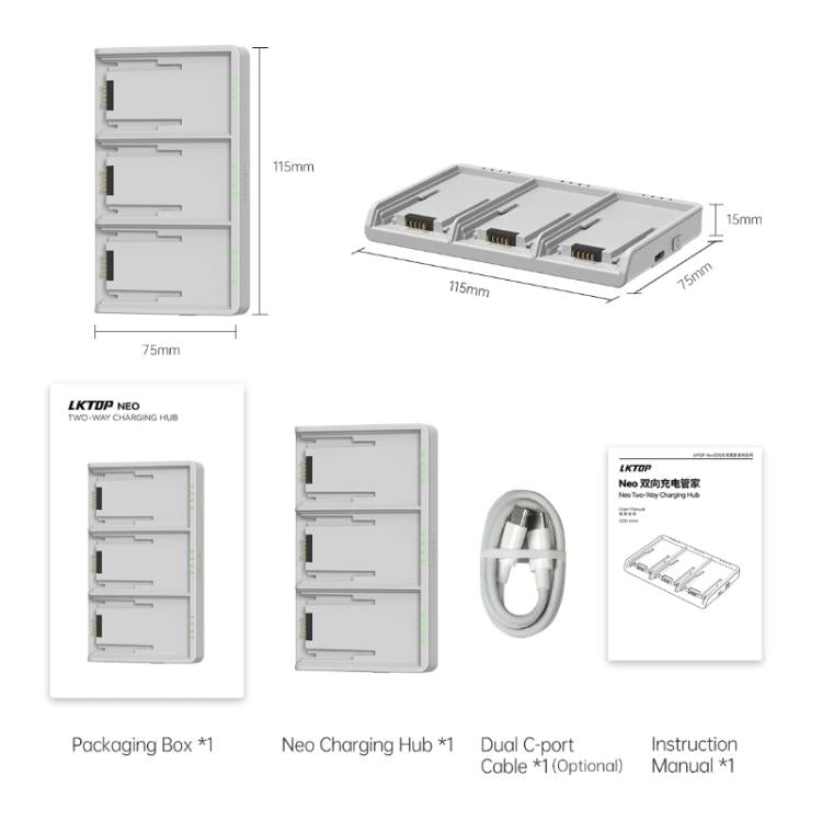 Batería Cargador triple LKTOP de 65 W para para DJI Neo (gris) — imagen 8