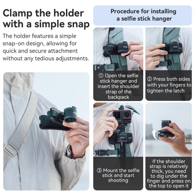 Mochila de fijación AMigisn - Palo Selfie para cámara de acción, rápida para Insta360, y GoPro (negro) — imagen 6