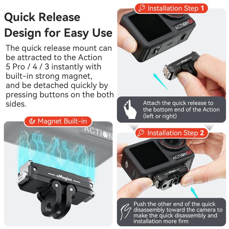 Adaptador de interfaz dual de montaje rápido magnético de metal aMagisn para DJI Osmo Action 5 (negro) — imagen 3