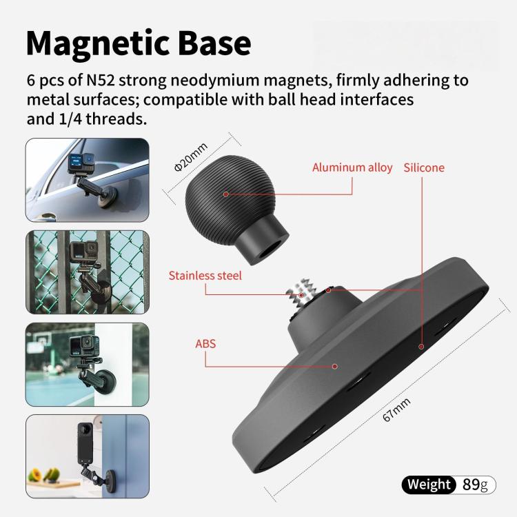 Base Abrazadera de brazo metálico aMagisn con magnética y rótula de 1/4 de pulgada para cámaras Insta360, y GoPro (negro) —…