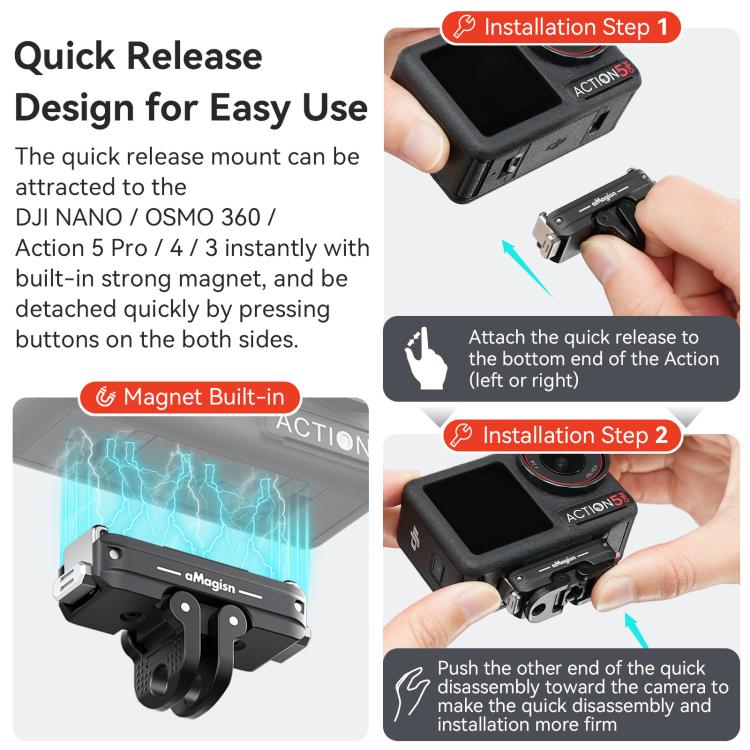 Soporte AMagisn TN11 - magnético bidireccional de liberación rápida 2.0,, Action 5 Pro, 4 y 3 para DJI Osmo 360 (negro) — im…