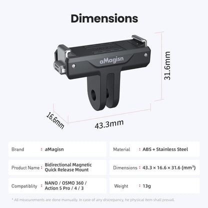 Soporte magnético bidireccional de liberación rápida aMagisn TN10,, Action 5 Pro, 4 y 3 para DJI Osmo 360 (negro) — imagen 11