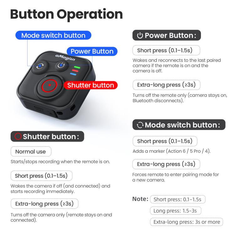 Obturador remoto Bluetooth aMagisn para DJI Osmo 360 / Osmo Action 6 (negro) para DJI DJI Osmo 360, DJI Osmo Action 6 — imag…
