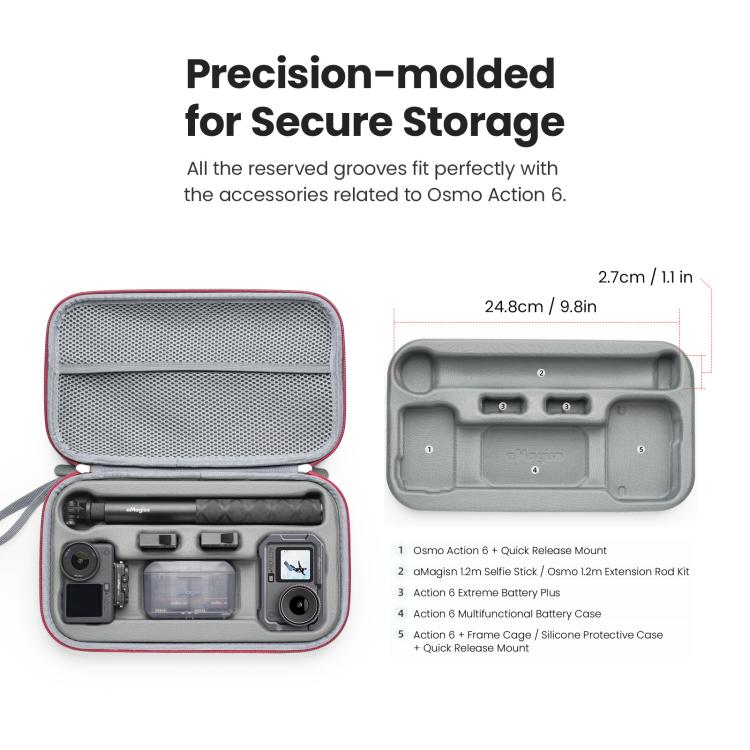 Estuche de transporte aMagisn de carcasa rígida mediana con inserto de espuma extraíble (gris) para DJI Osmo Action 6 — imag…