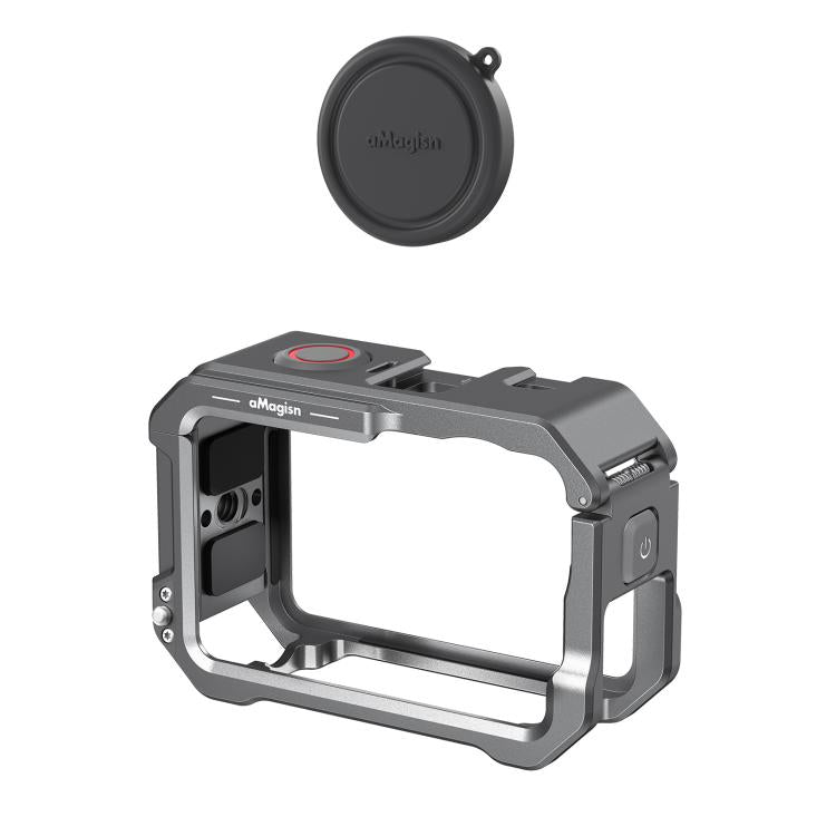 Marco protector de liberación rápida con jaula metálica aMagisn y tapa de lente de silicona para DJI Osmo Action 6 (negro)