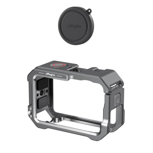 Marco protector de liberación rápida con jaula metálica aMagisn y tapa de lente de silicona para DJI Osmo Action 6 (negro)