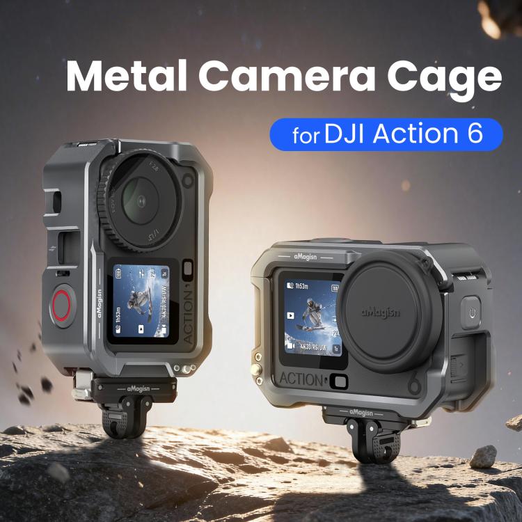 Marco protector de liberación rápida con jaula metálica aMagisn y tapa de lente de silicona para DJI Osmo Action 6 (negro) —…