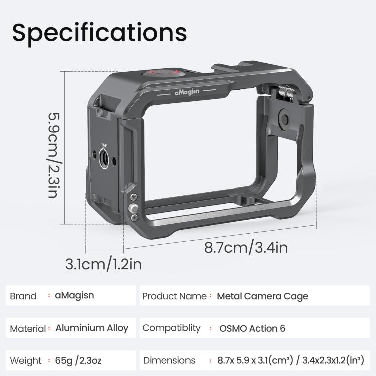 Marco protector de liberación rápida con jaula metálica aMagisn y tapa de lente de silicona para DJI Osmo Action 6 (negro) —…
