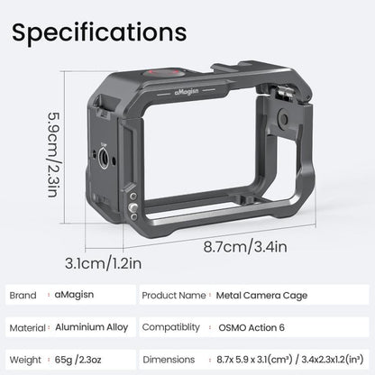 Marco protector de liberación rápida con jaula metálica aMagisn y tapa de lente de silicona para DJI Osmo Action 6 (negro) —…