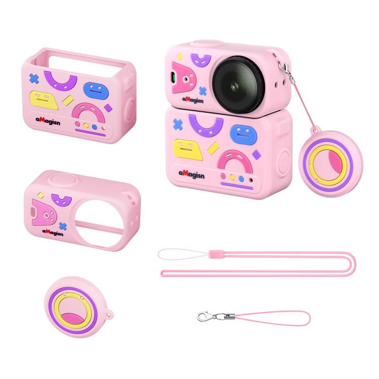 Funda protectora de silicona aMagisn Fun Pattern 5 en 1, con tapa para lente (rosa)