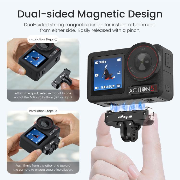 Adaptador magnético de liberación rápida de metal aMagisn 2.0 con bloqueo para DJI Osmo 360 (negro) — imagen 5