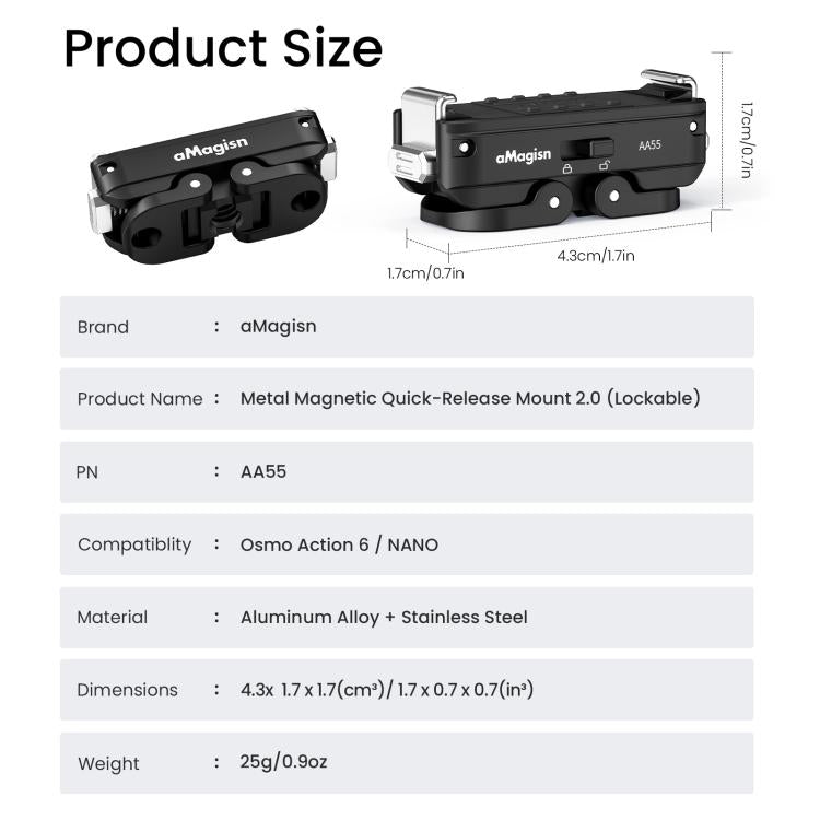 Adaptador con bloqueo de liberación rápida magnética de metal aMagisn 2.0 para DJI Osmo Action 6 (Negro) — imagen 12