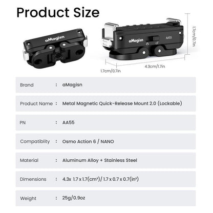 Adaptador con bloqueo de liberación rápida magnética de metal aMagisn 2.0 para DJI Osmo Action 6 (Negro) — imagen 12
