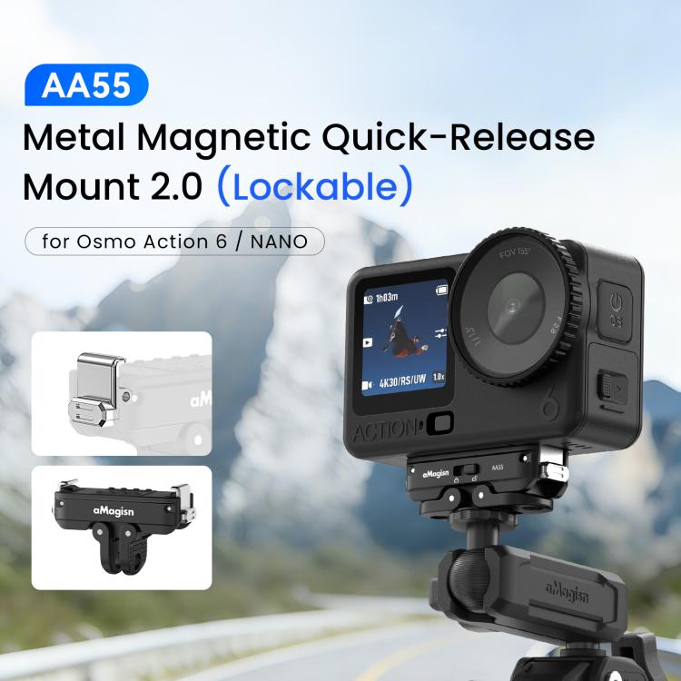 Adaptador con bloqueo de liberación rápida magnética de metal aMagisn 2.0 para DJI Osmo Action 6 (Negro) — imagen 2