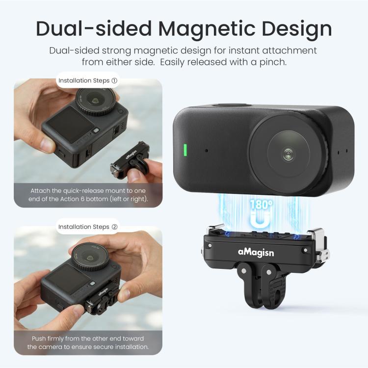 Adaptador con bloqueo de liberación rápida magnética de metal aMagisn 2.0 para DJI Osmo Action 6 (Negro) — imagen 5