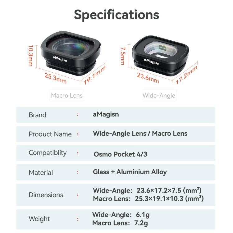 Lente gran angular aMagisn 0.72X, filtro de lente de cristal óptico magnético con marco de aleación de aluminio para DJI Osm…