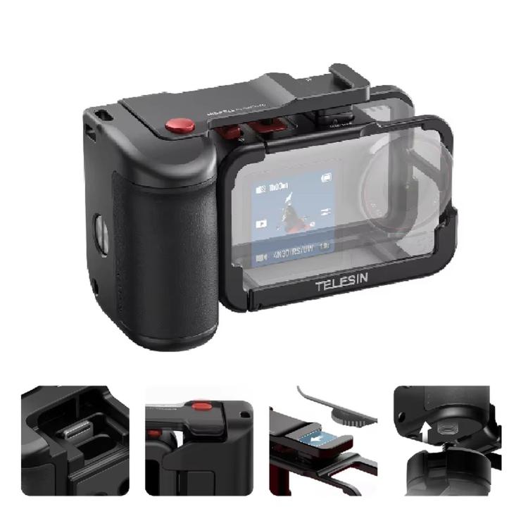 Kit TELESIN StreetGrip, jaula de cámara de aleación de aluminio, empuñadura de mano para DJI Osmo Action 5 (negro)