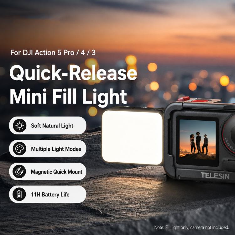 Action 5 Pro/4/3, mini luz de relleno para vlog de liberación rápida TELESIN, luz de vídeo LED magnética impermeable IPX5 co…