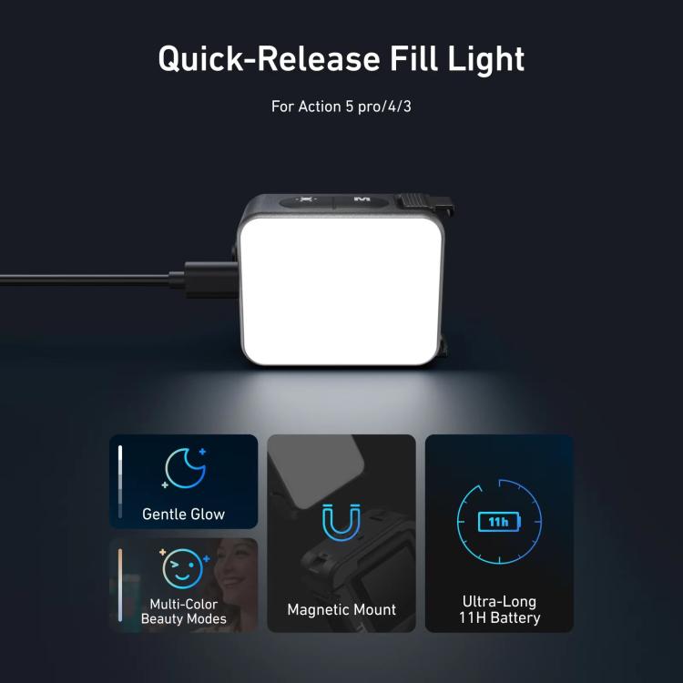 Action 5 Pro/4/3, mini luz de relleno para vlog de liberación rápida TELESIN, luz de vídeo LED magnética impermeable IPX5 co…