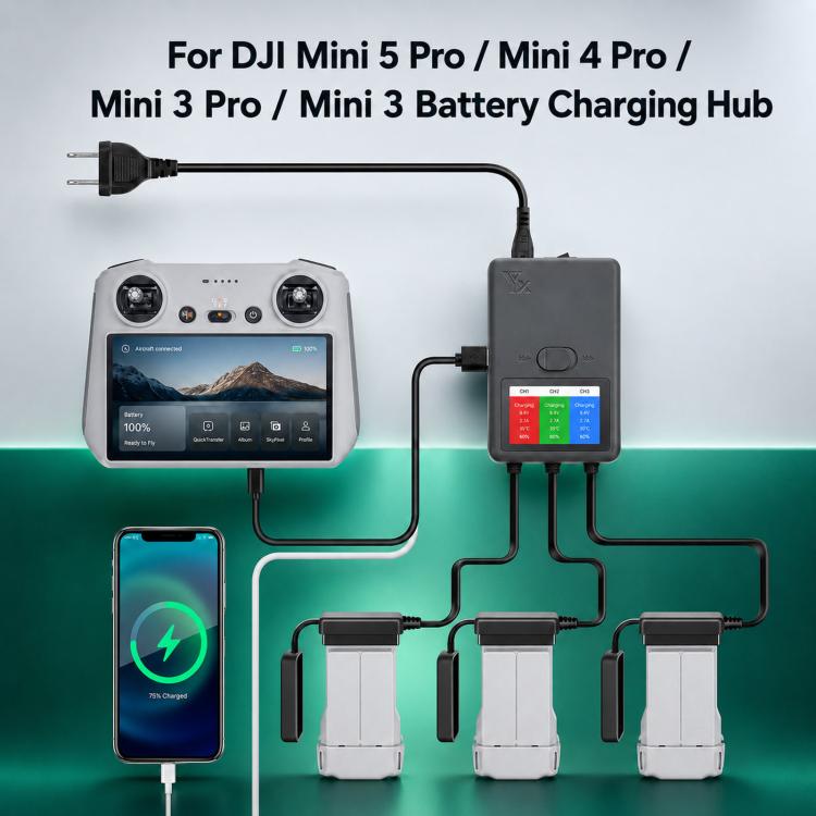 Cargador inteligente YX de 3 vías con pantalla LCD para DJI Mini 5 Pro / Mini 4 Pro / Mini 3 Pro para DJI DJI Mini 5 Pro, DJ…